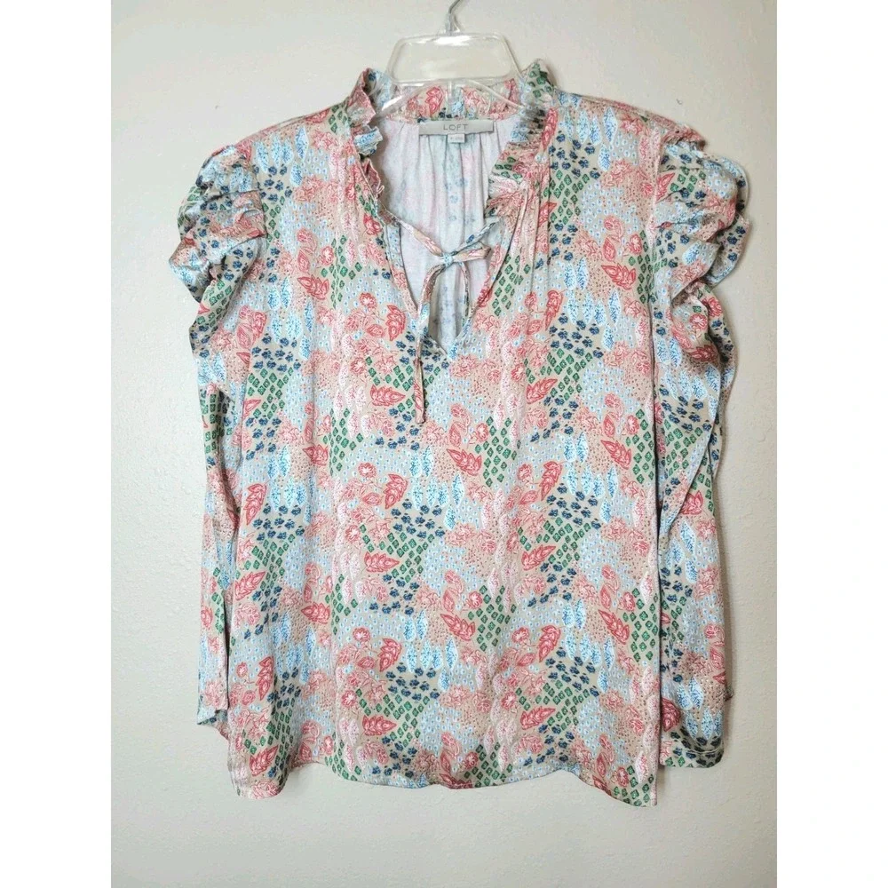 Loft Pink‎ Floral Blouse With Long Puffed Ruched Sleeves Blouse Sz M